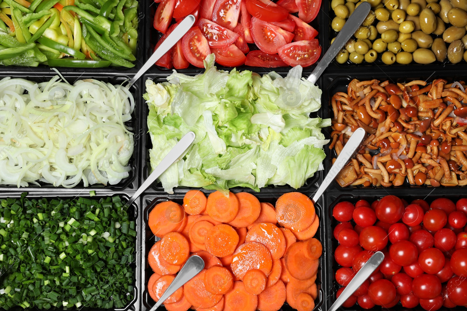 Photo of Salad bar with different fresh ingredients as background, top view