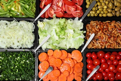 Photo of Salad bar with different fresh ingredients as background, top view