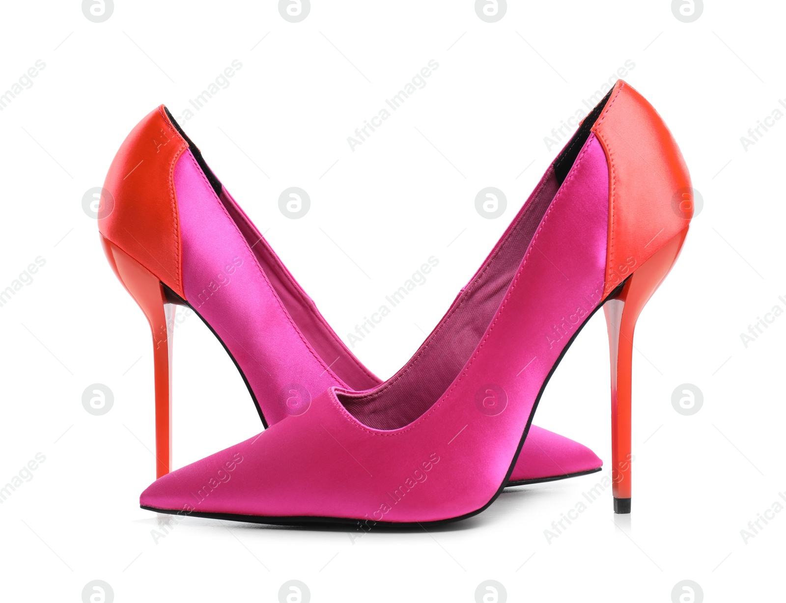 Photo of Pair of beautiful shoes on white background