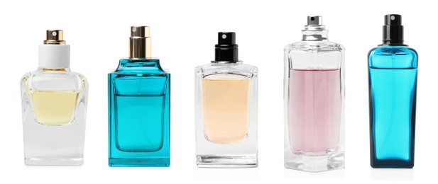 Image of Set with different bottles of perfume on white background. Banner design