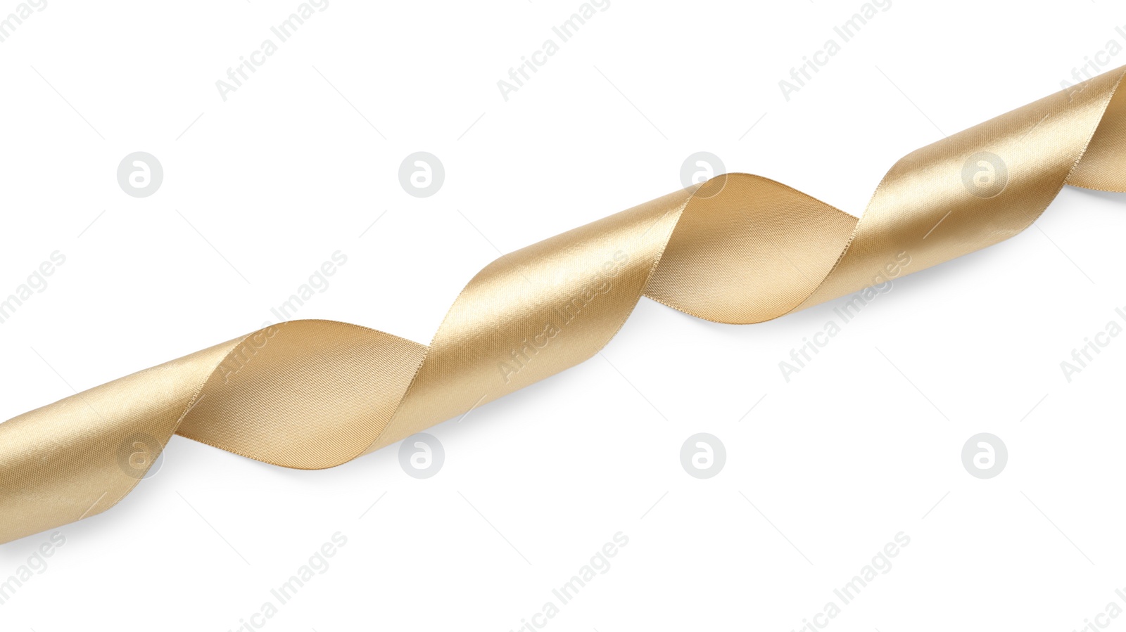 Photo of Beautiful golden ribbon isolated on white, top view