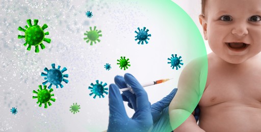 Image of Doctor vaccinating baby to induce immunity surrounded by viruses on white background, banner design