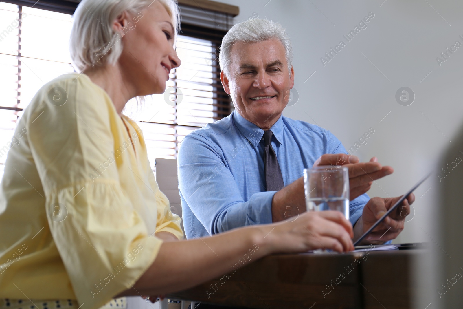 Photo of Senior notary working with client in office