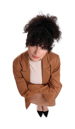 Photo of Beautiful businesswoman in suit on white background, above view