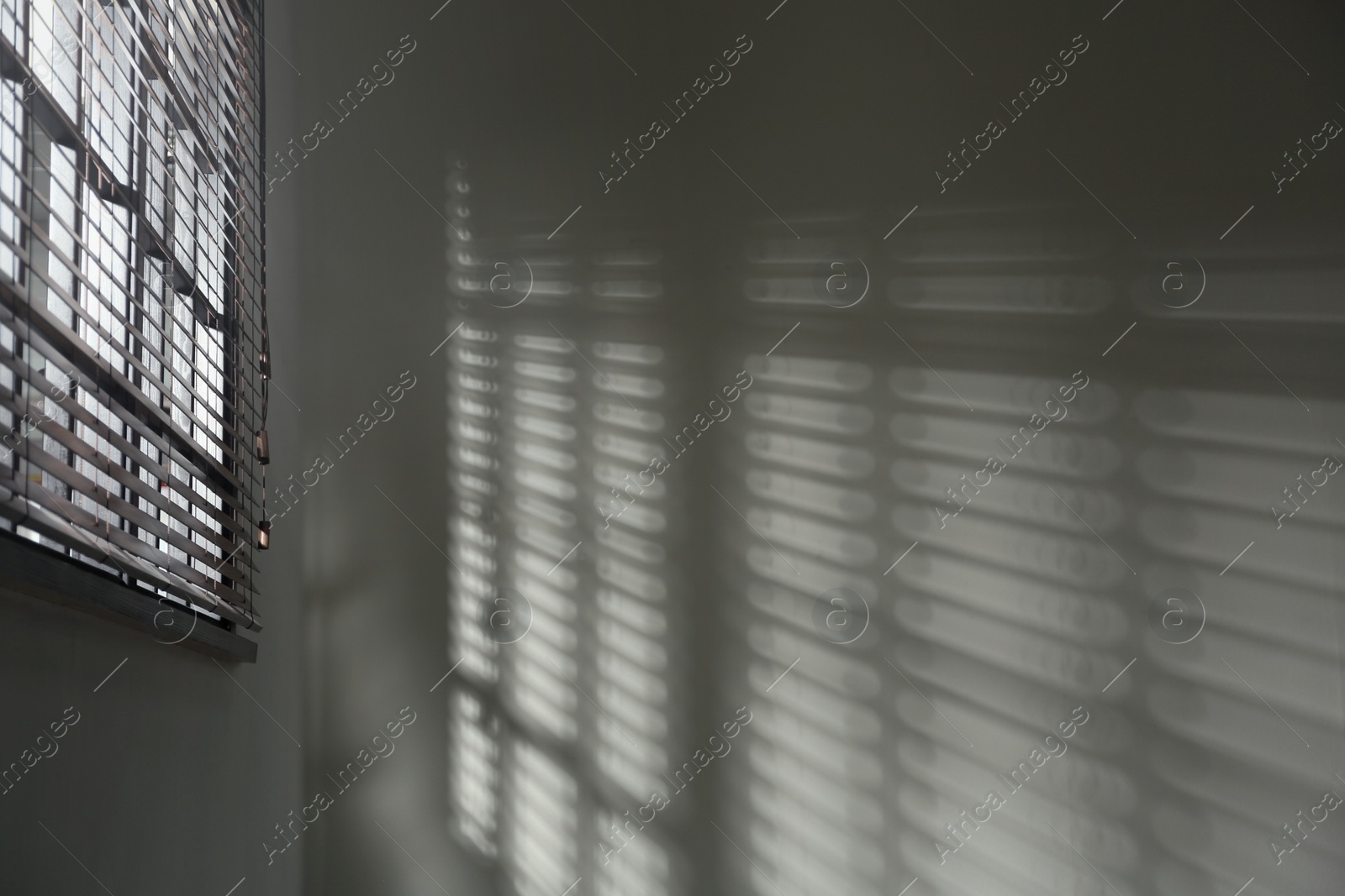 Photo of Window with horizontal blinds in room, space for text. Toned in black and white