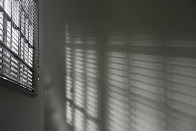 Photo of Window with horizontal blinds in room, space for text. Toned in black and white