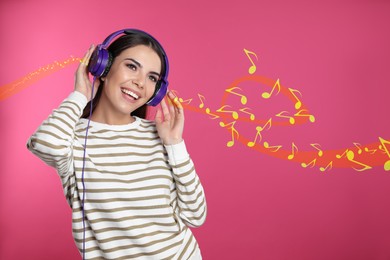Beautiful happy woman listening to music on pink background. Music notes illustrations flowing from headphones