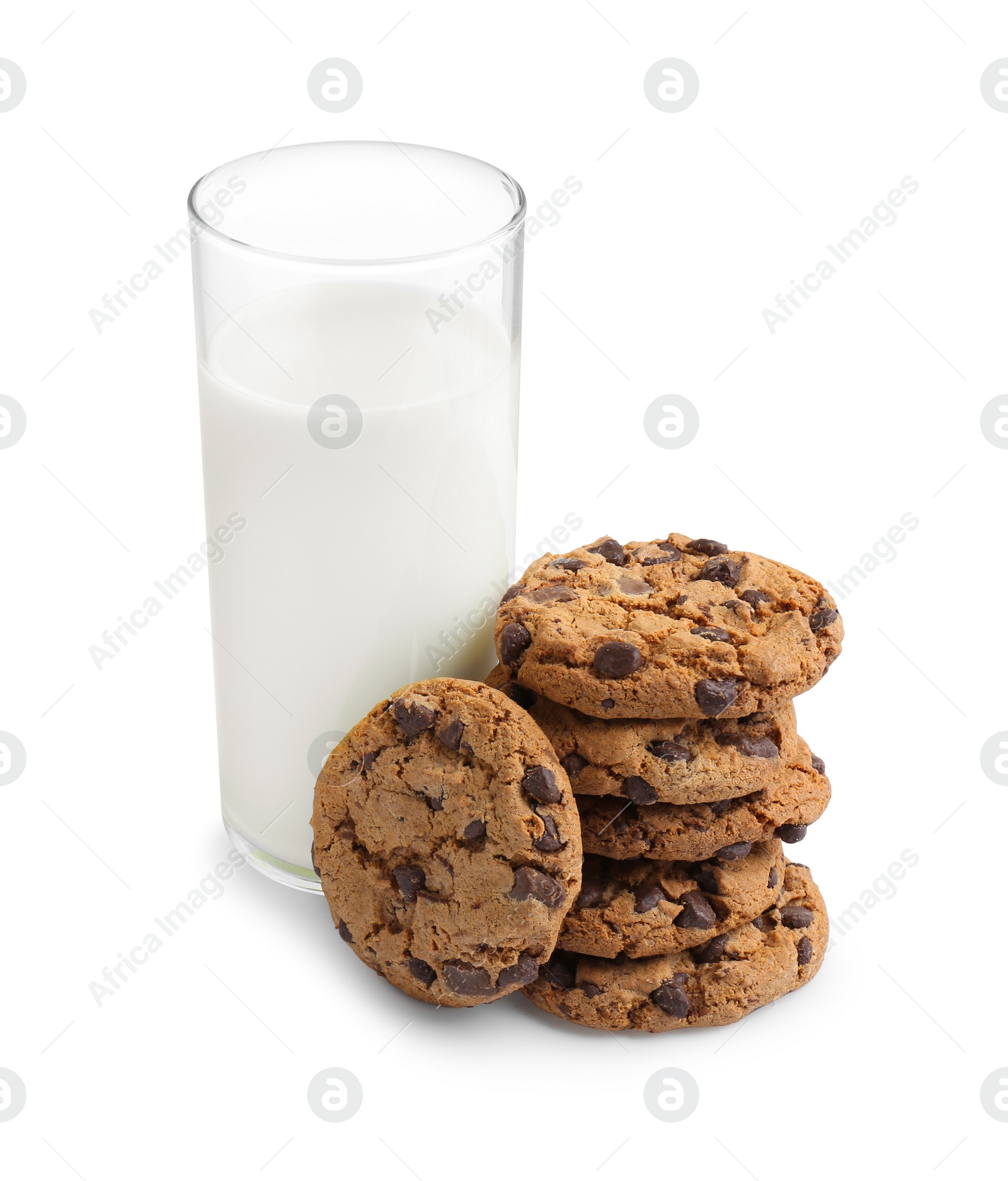 Delicious chocolate chip cookies and glass of milk isolated on white Photo of Delicious chocolate chip cookies and glass of milk isolated on white