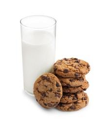 Photo of Delicious chocolate chip cookies and glass of milk isolated on white