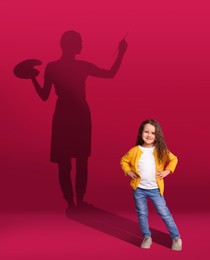 Dream about future occupation. Smiling girl and silhouette of painter on red background