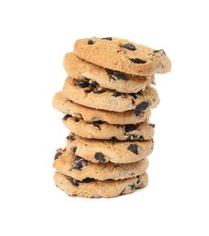 Photo of Stack of delicious chocolate chip cookies on white background