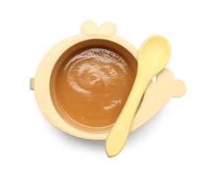 Photo of Delicious baby food in bowl and spoon isolated on white, top view