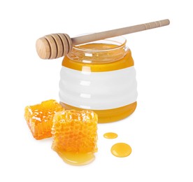 Image of Sweet honey in glass jar with blank label, wooden honey dipper and pieces of honeycomb on white background. Mockup for design