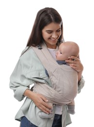 Mother holding her child in baby carrier on white background