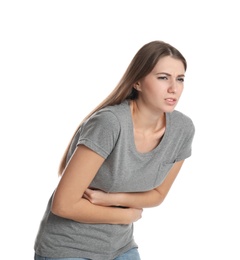 Photo of Woman suffering from stomach ache on white background. Food poisoning