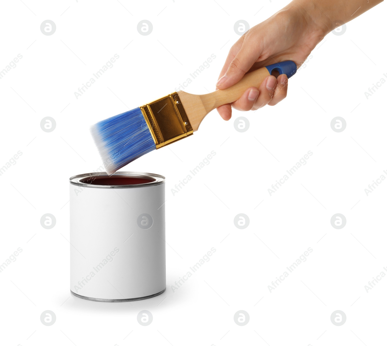 Photo of Woman holding brush over paint can on white background. Mockup for design