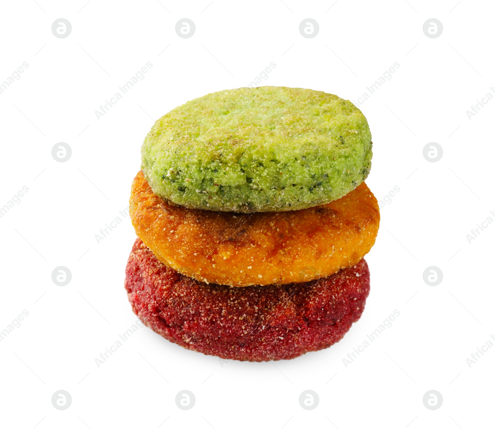 Photo of Different tasty vegan cutlets isolated on white