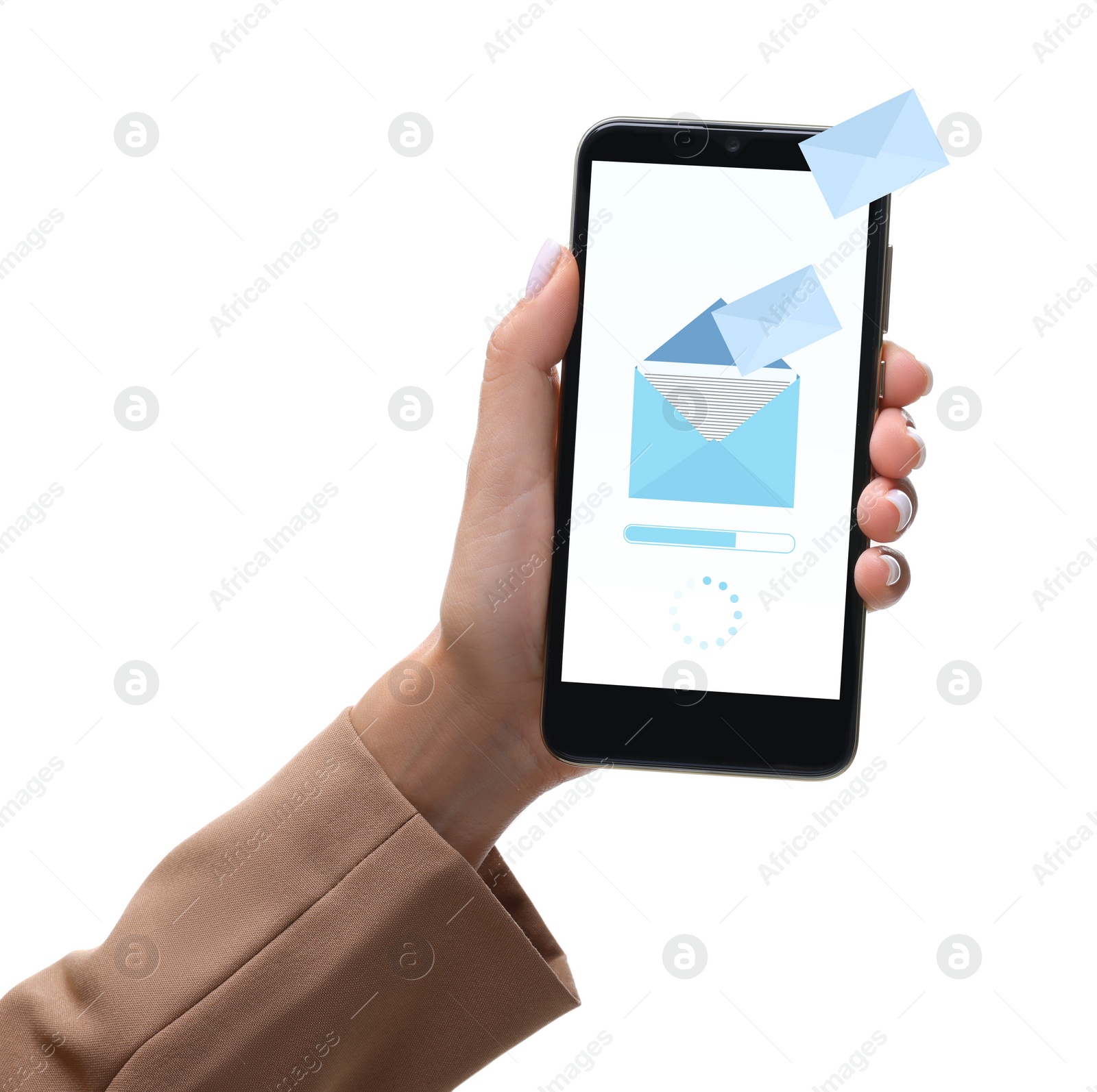 Image of Got new message. Woman holding smartphone on white background, closeup