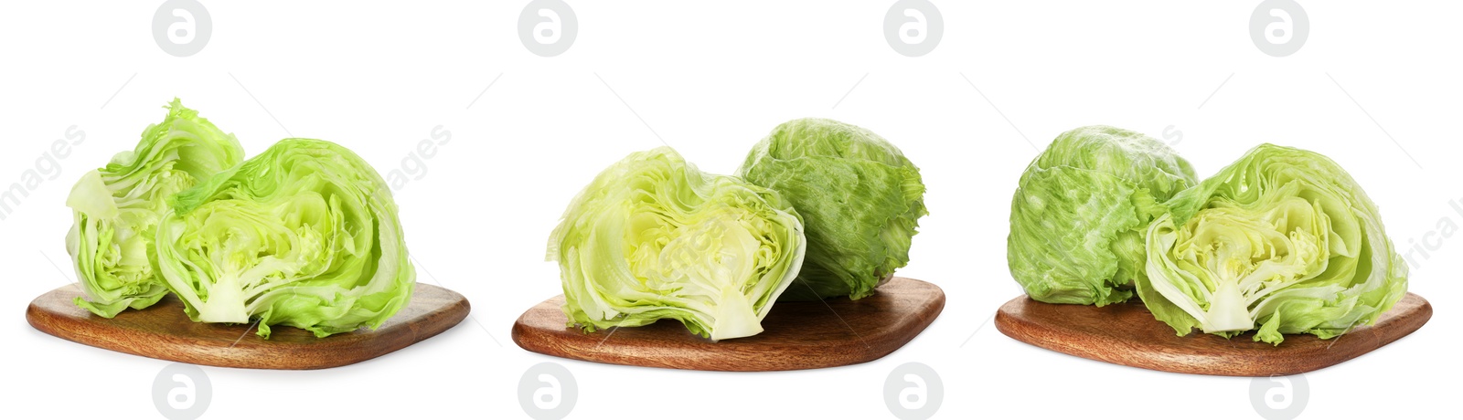 Image of Boards with fresh cut lettuce heads on white background, collage design