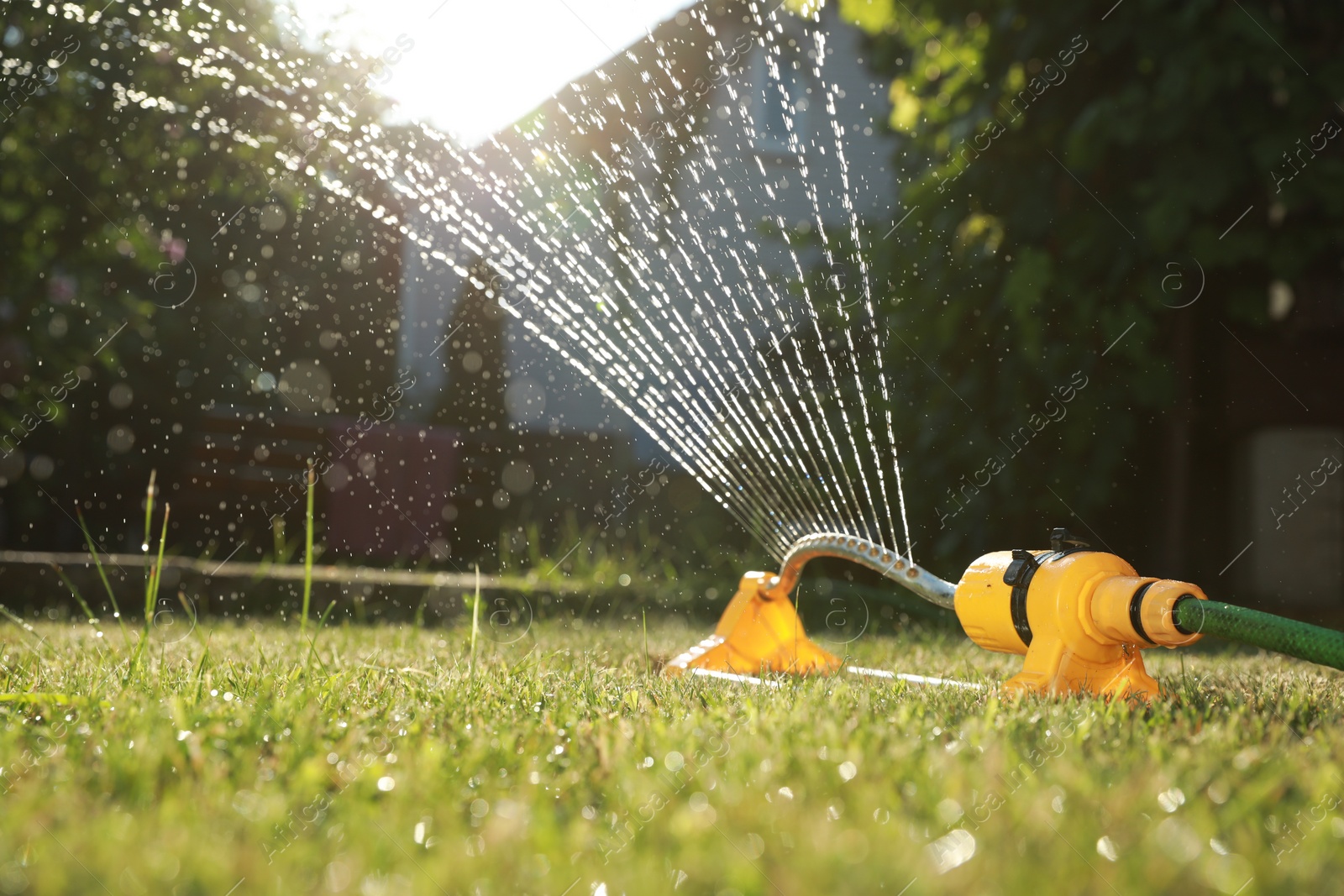 Photo of Automatic sprinkler watering green grass on sunny day in garden. Irrigation system