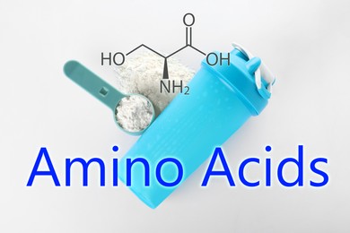 Image of Measuring scoop of amino acids powder and sports bottle on white background, top view 