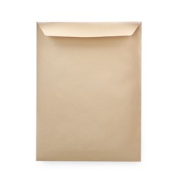 Photo of One blank kraft paper envelope isolated on white