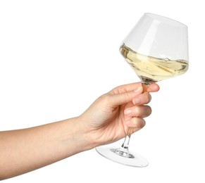 Photo of Woman with glass of wine isolated on white, closeup