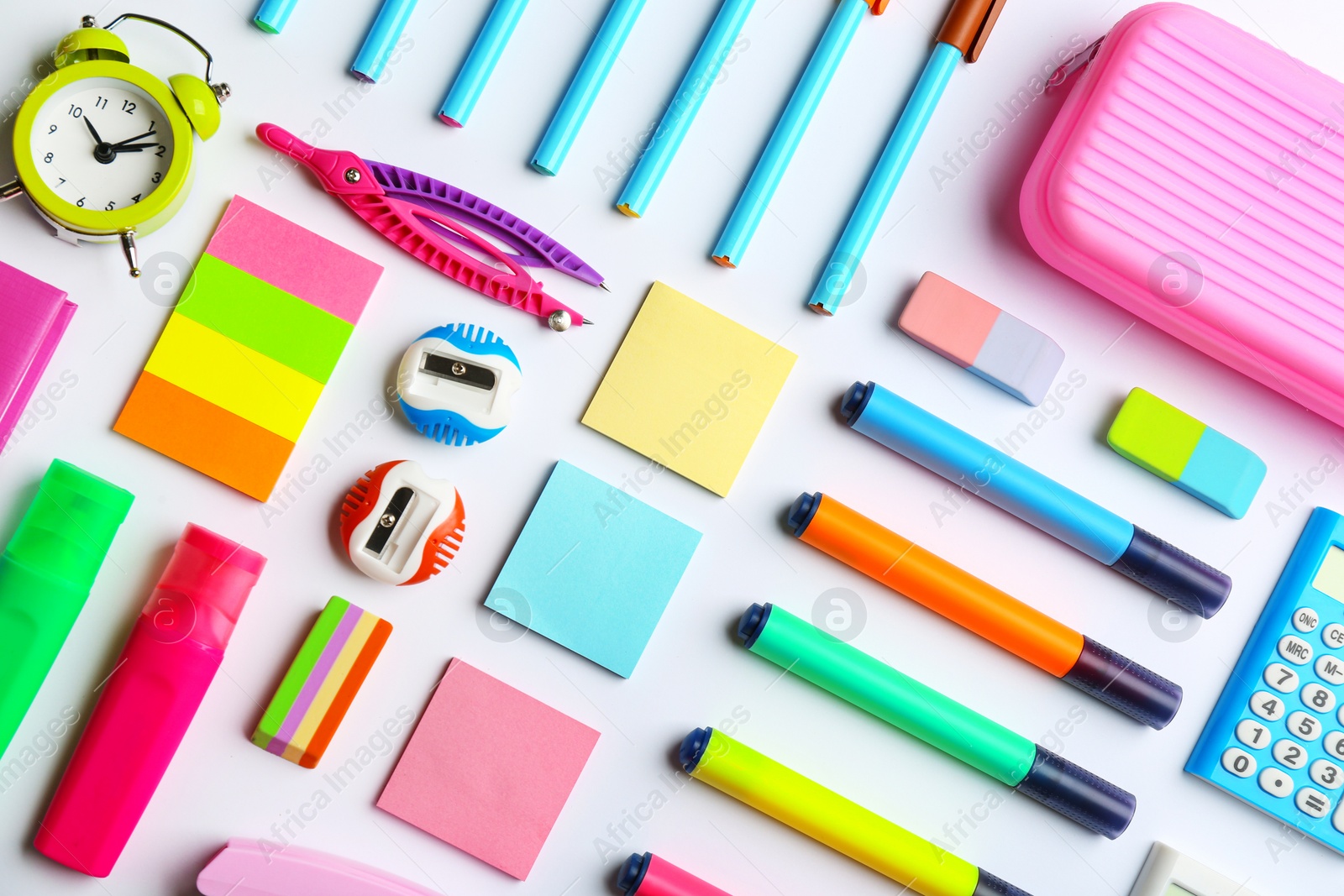 Photo of School stationery on white background, flat lay. Back to school