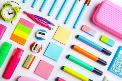 School stationery on white background, flat lay. Back to school