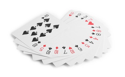 Photo of Many different playing cards on white background