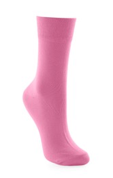 Photo of New pink sock isolated on white. Footwear accessory