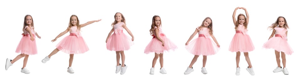 Cute little girl in beautiful dress dancing on white background, set of photos