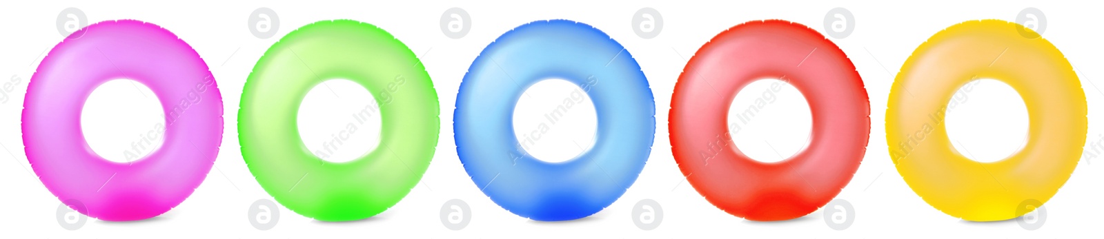 Image of Set with bright inflatable rings on white background, banner design