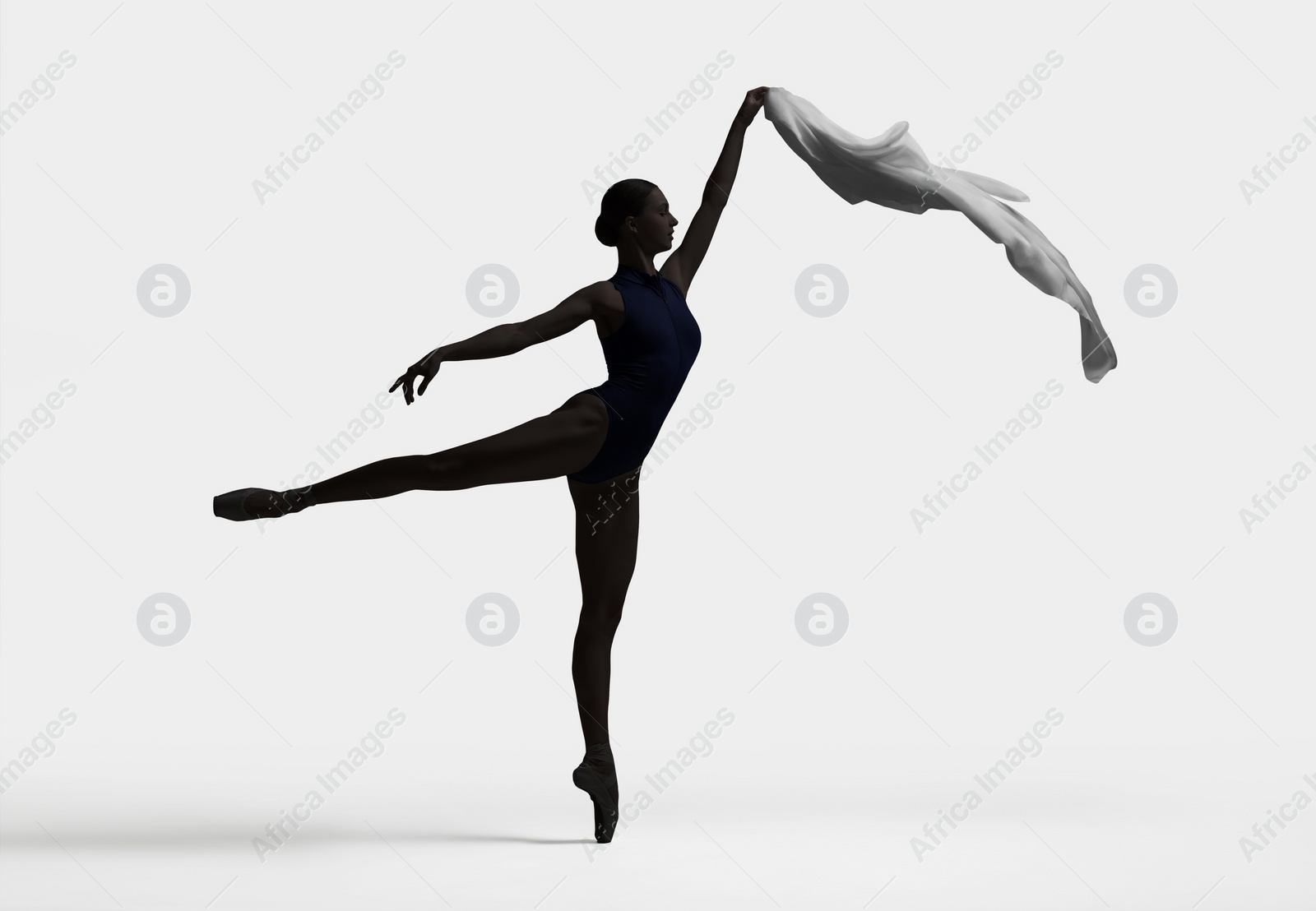 Image of Beautiful ballerina with veil dancing on white background. Dark silhouette of dancer