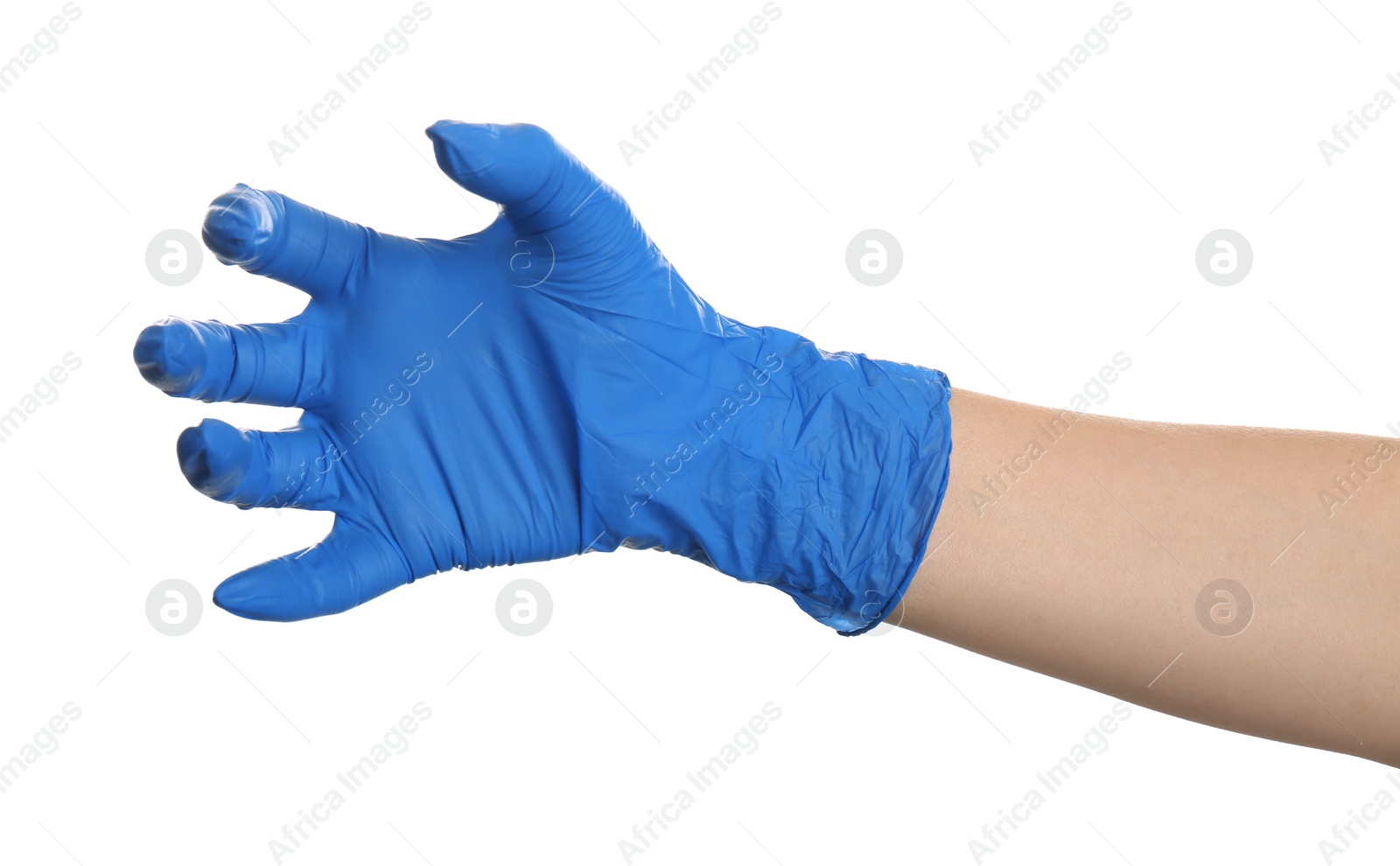 Photo of Woman in blue latex gloves holding something on white background, closeup of hand