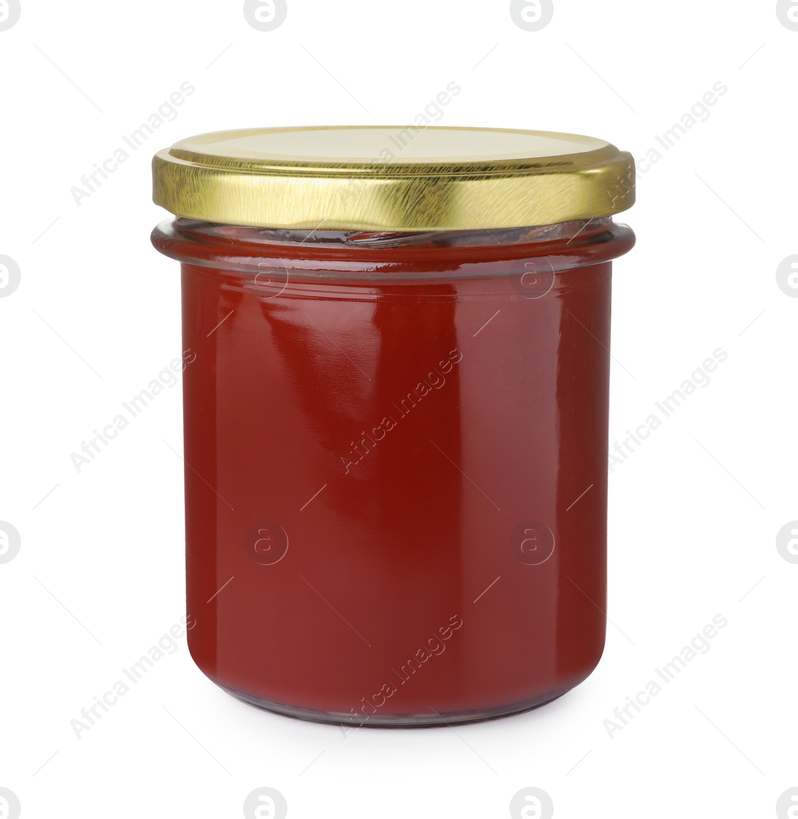 Photo of Glass jar of delicious ketchup isolated on white