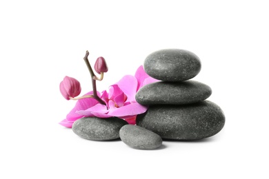 Photo of Spa stones and orchid flowers on white background