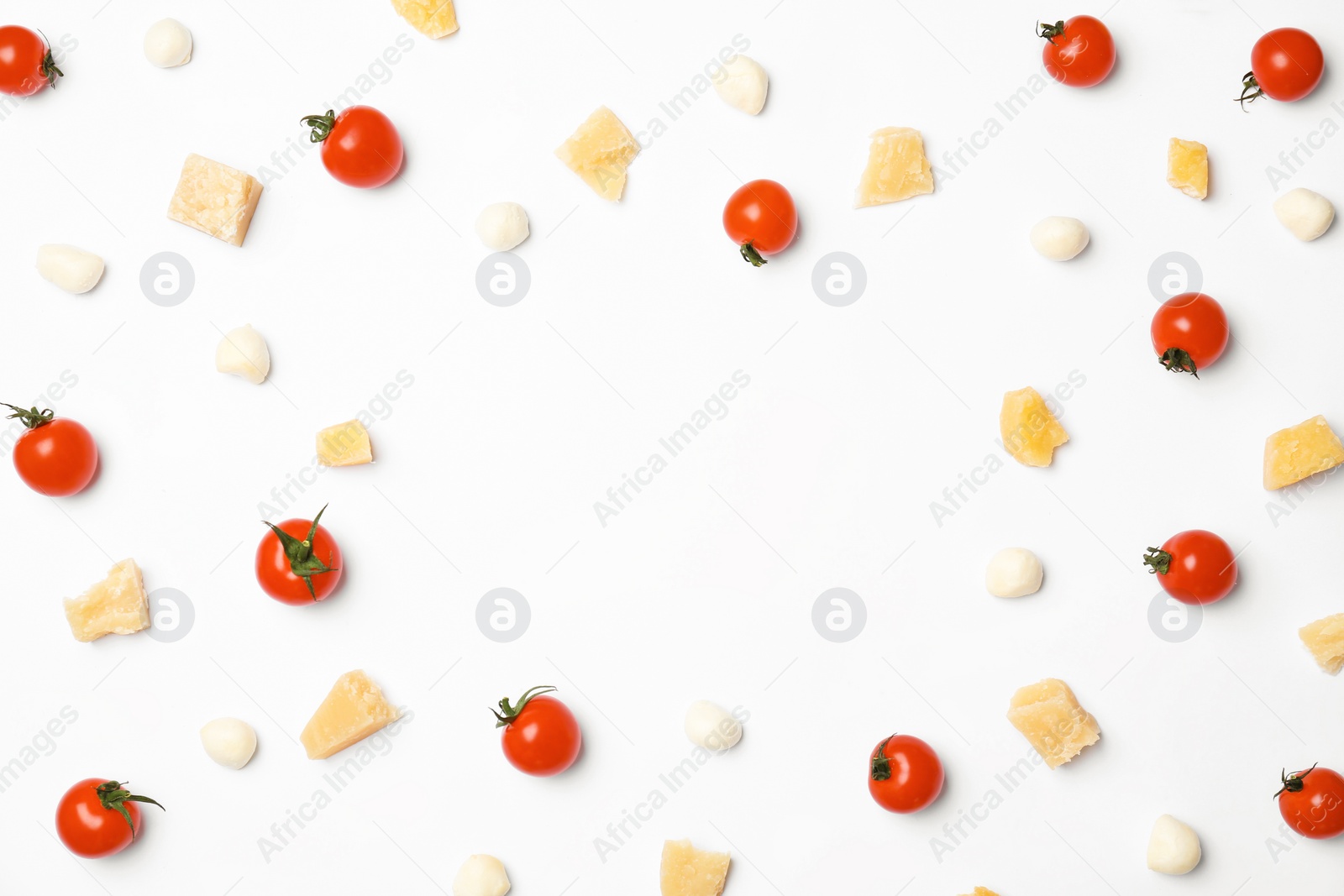 Photo of Flat lay composition with ingredients for pizza on white background