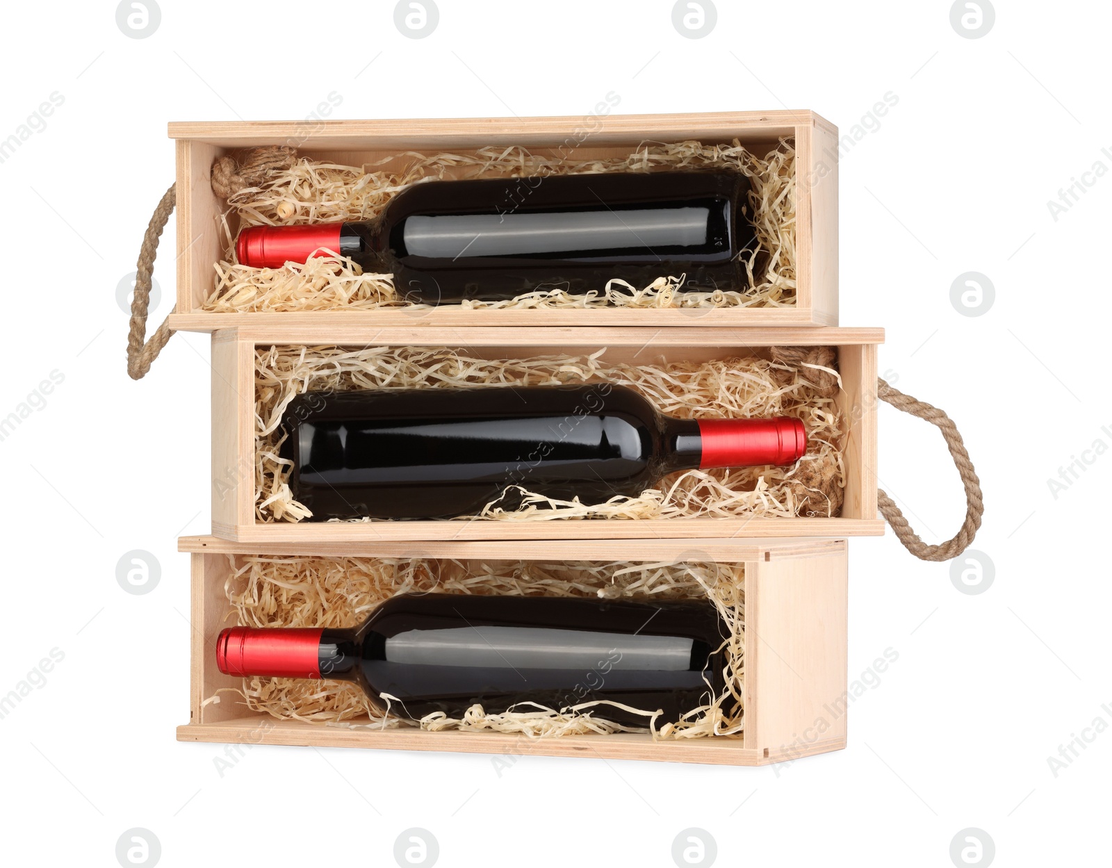 Photo of Wooden gift boxes with wine isolated on white