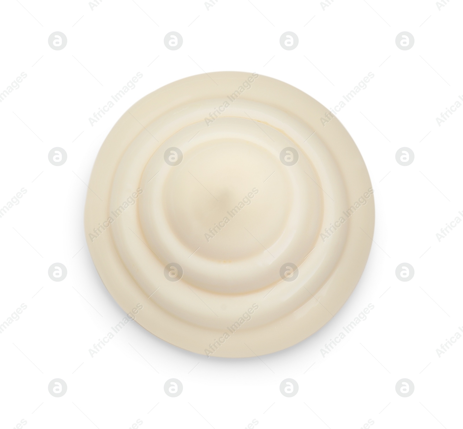 Photo of Tasty fresh mayonnaise sauce isolated on white, top view