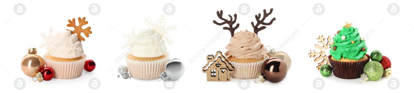 Image of Tasty cupcakes with Christmas decor on white background, collage. Banner design