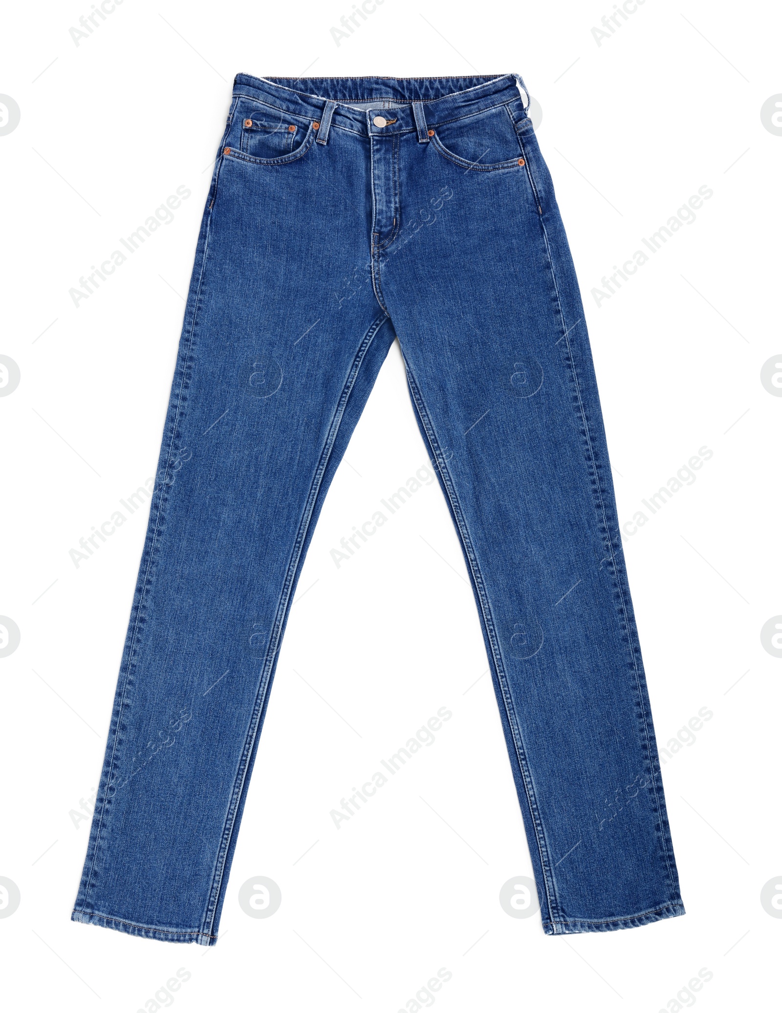 Photo of Dark blue jeans isolated on white, top view. Stylish clothes