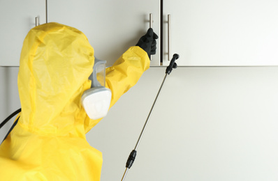 Photo of Pest control worker spraying pesticide on furniture indoors