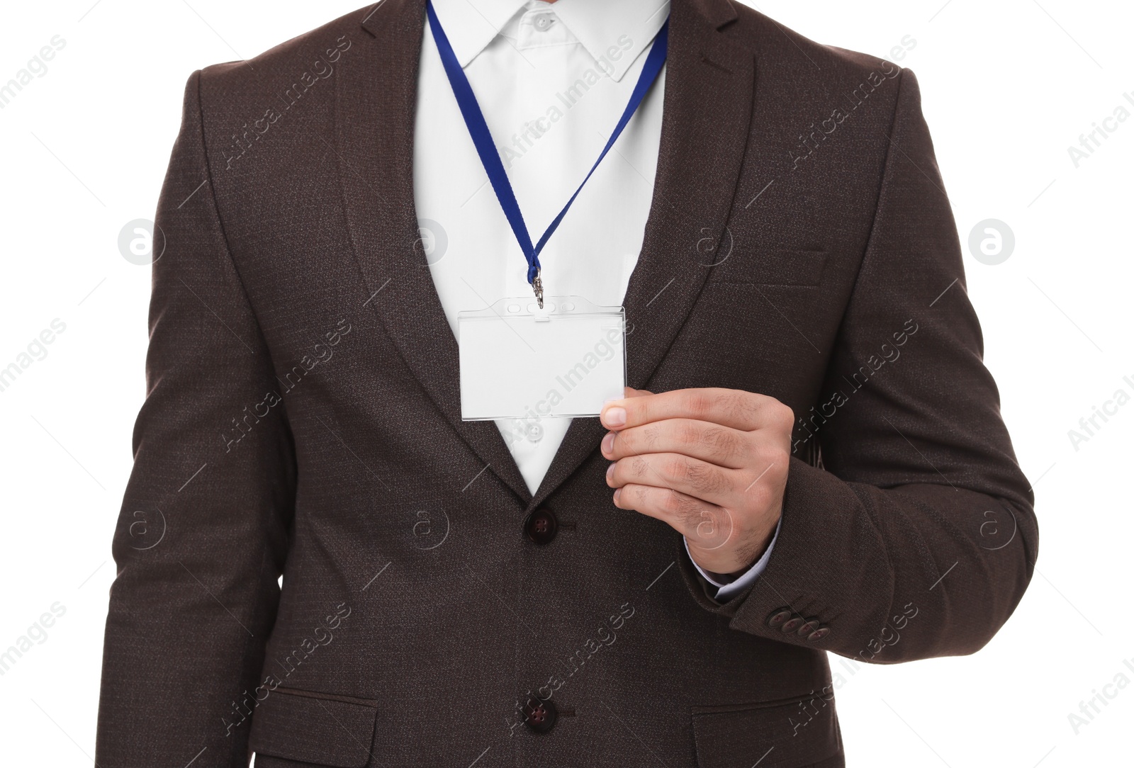 Photo of Man with blank badge isolated on white, closeup