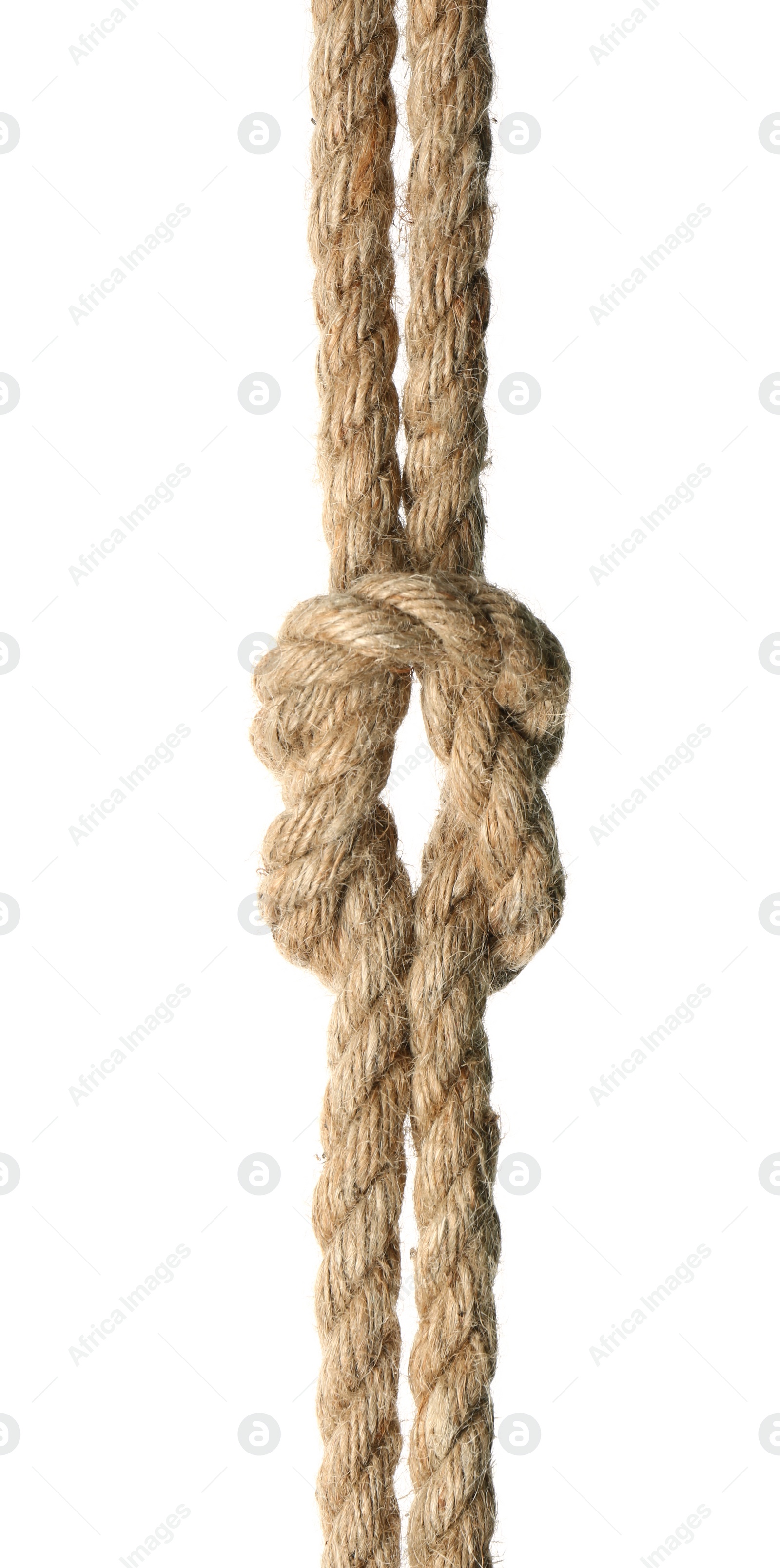 Photo of Hemp rope with square knot on white background