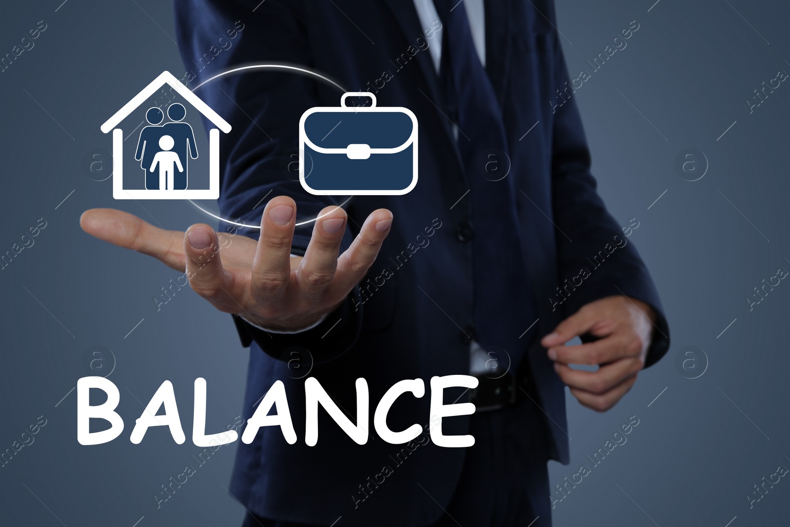 Image of Man holding virtual icons against grey background, closeup. Concept of balance between life and work