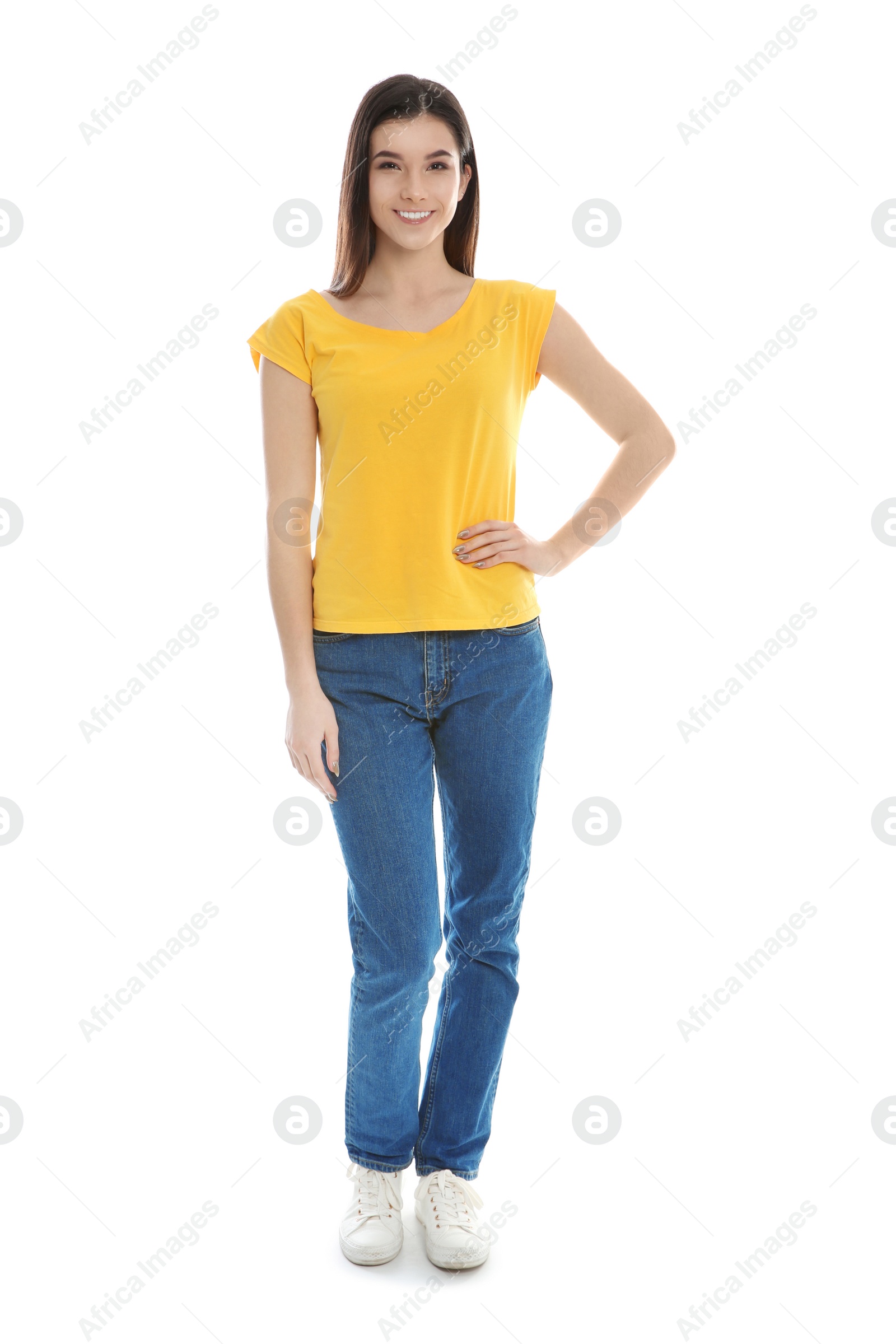 Photo of Beautiful young woman in stylish clothes on white background