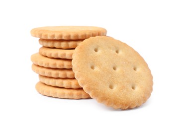 Tasty crispy round crackers isolated on white