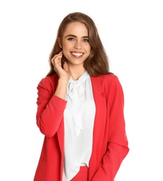 Portrait of young woman on white background