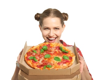 Photo of Attractive young woman with delicious pizza on white background